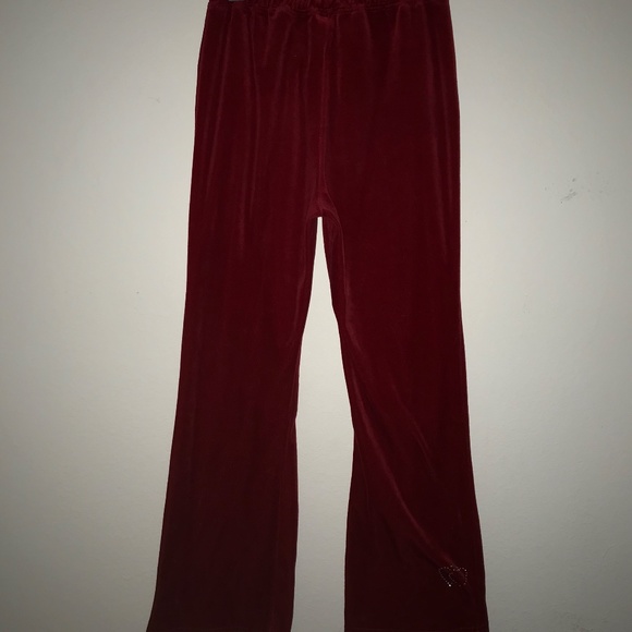 Red Velour Women's Sweatpants 2000s US Size XS-S Y2K Rhinestones Heart Sweats - Picture 5 of 8